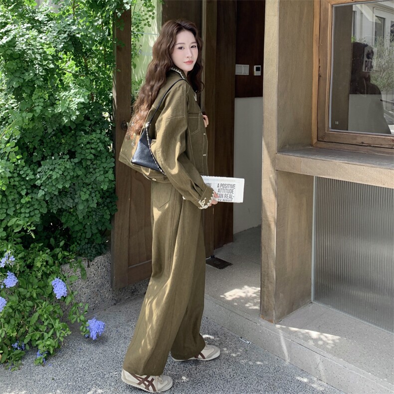 绿色时尚甜酷风套装裤女2025年秋季日系简约绣花外套阔腿裤两件套,女装套装/套裙,2C273