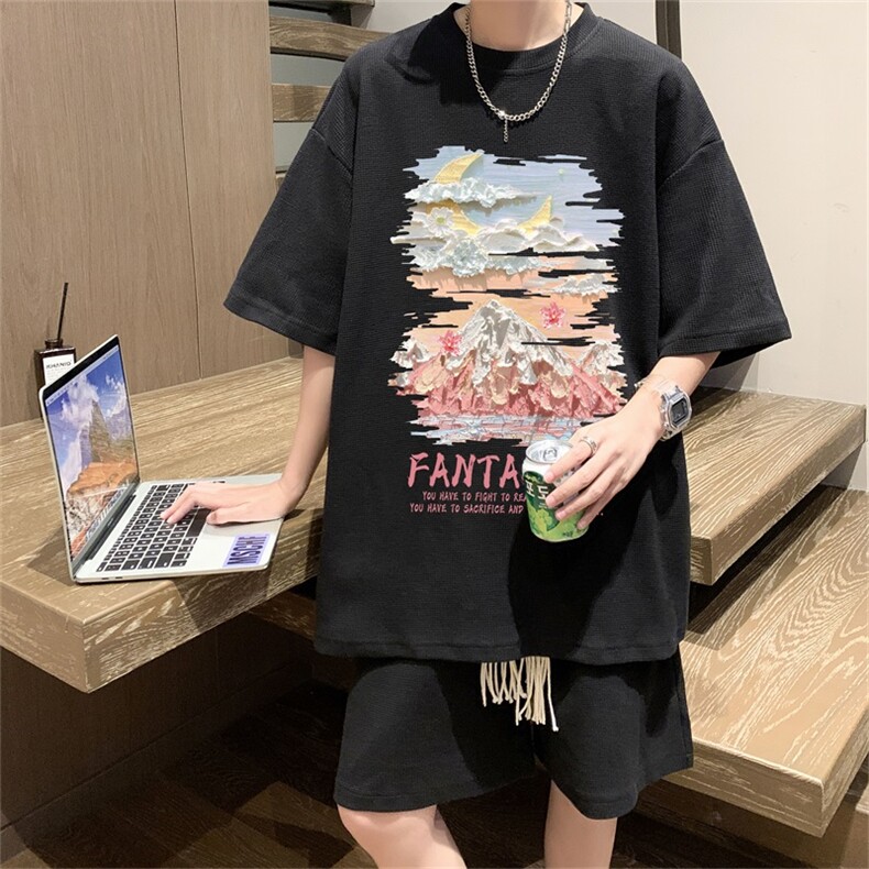 电商DSA028-TZDTHP846P45夏季华夫格套装男T恤短裤两件套港风，男装牛仔裤，电商A028