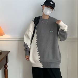 撞色拼接圆领毛线衣男春秋新款宽松针织衫慵懒风bf线衣MC292-P40图片