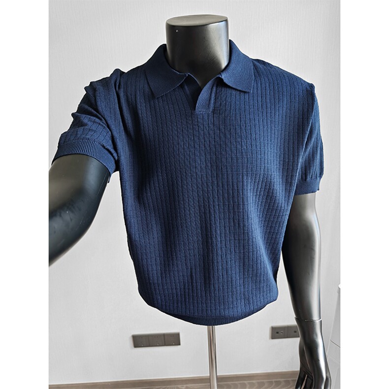 盗图老钱风海鸥领纯色弹力复古针织短袖POLO衫H91056/P58控88，男装T恤，电商A243