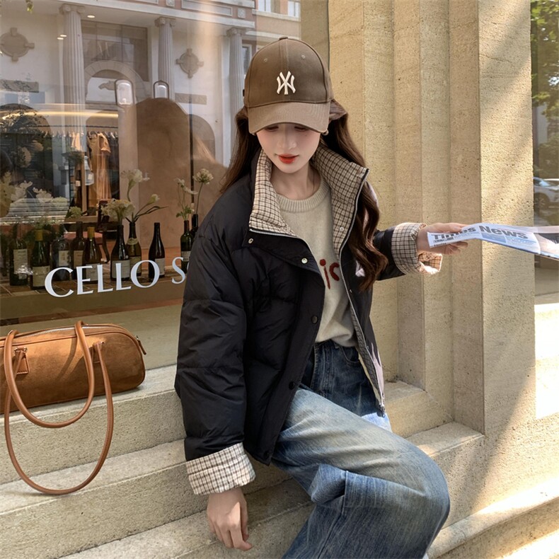 现货新款韩版宽松立领撞色格子袖口羽绒服短款外套百搭洋气,女装羽绒服,韩然一族