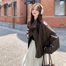 美式复古咖色短款机车服外套女春秋超火好看高级小众皮衣夹克上衣，女装皮衣，2C218