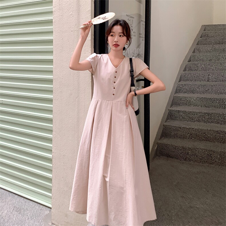 法式粉色V领连衣裙女2025夏季新款轻熟风修身显瘦中长款衬衫裙子,女装连衣裙,维壹