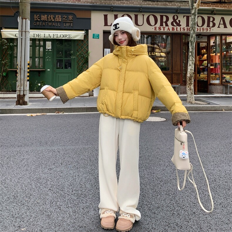 新款现货，格纹拼接连帽羽绒服50绒2C093-6677-P235-K358,女装羽绒服,2C093