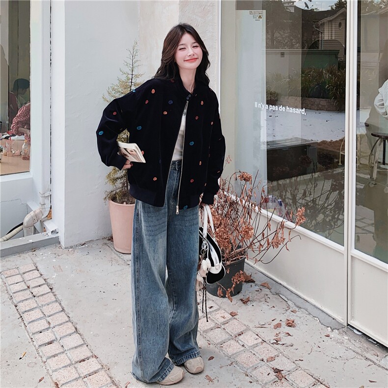 刺绣拼接黑色丝绒棒球服工装外套女春秋2025新款超火流行韩系爆款,女装短外套,2C293
