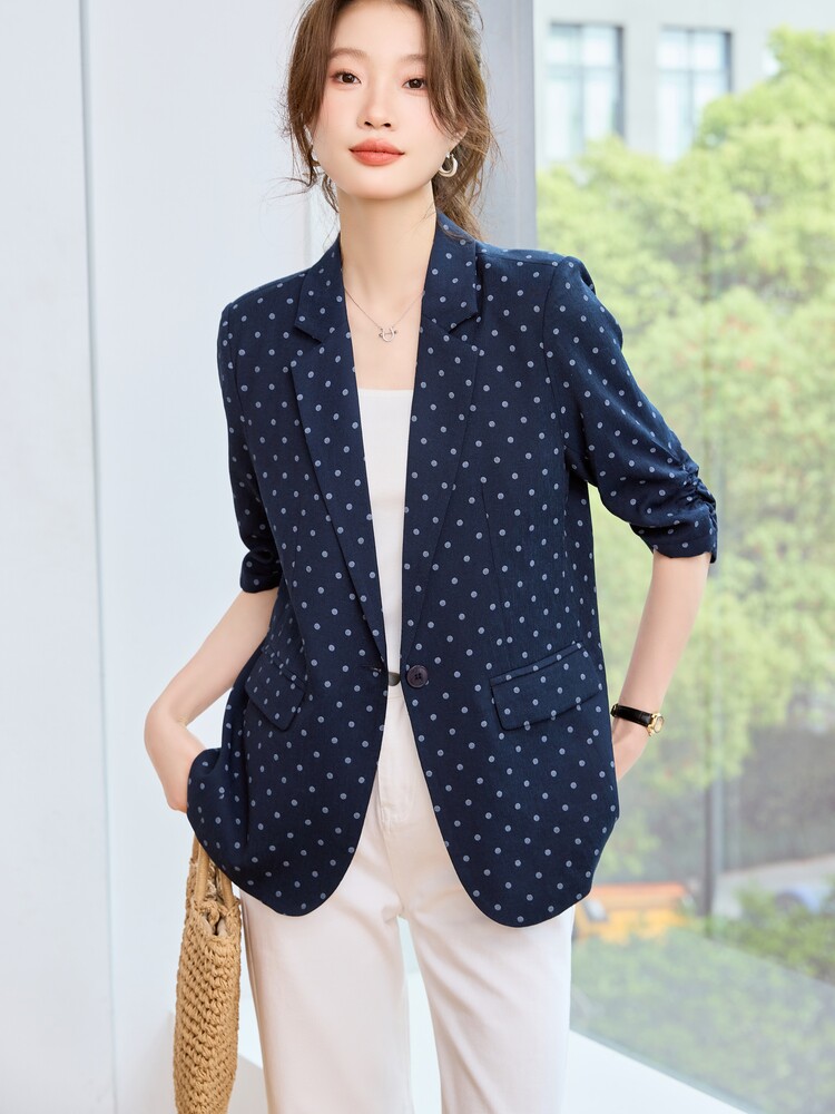 现货！！！！！！棉麻波点西装外套五分袖~,女装短外套,素月