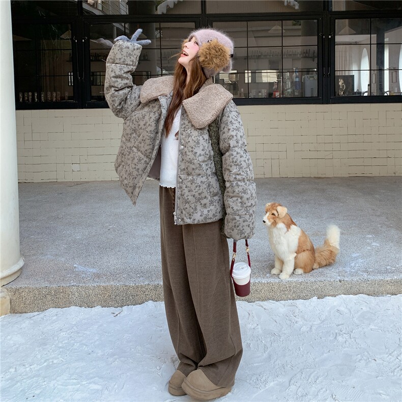 撞色碎花羊羔毛娃娃领短款羽绒服外套女冬2025新款小众设计白鸭绒,女装羽绒服,艾米莉亚