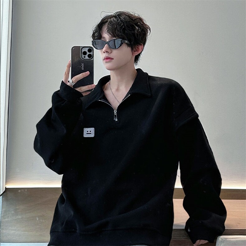 美式男秋季笑脸贴标上衣潮牌ins翻领减龄学院风常规P65加绒P75，男装卫衣，电商B319