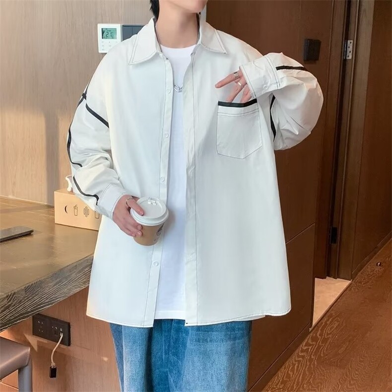 港风男女休闲衬衫长袖设计感小众针织领拼接织带衬衫LC19P33,男装衬衫,星座1116-2