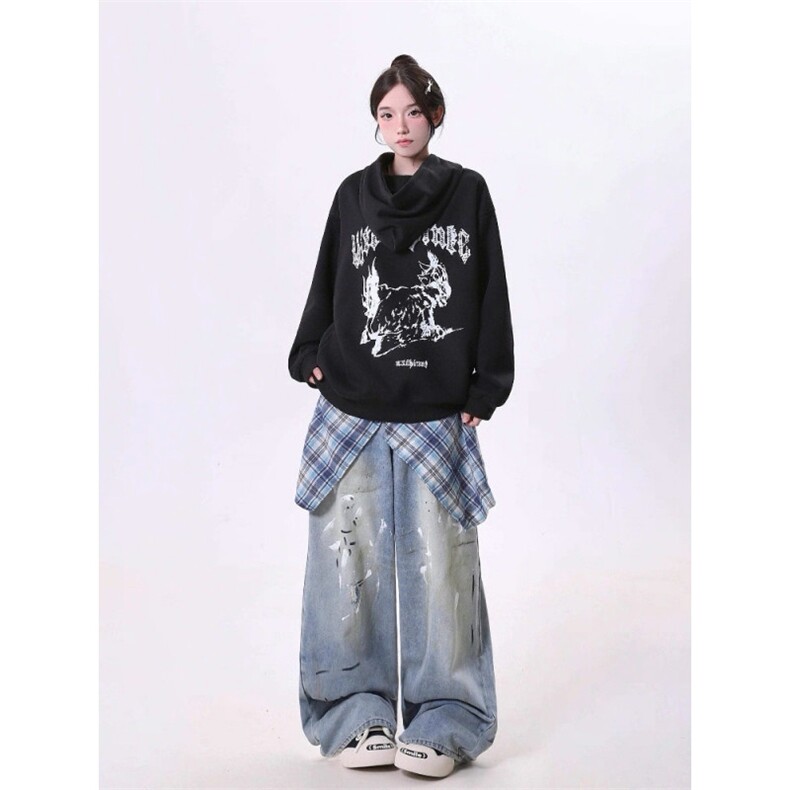AK2061-P75新款街头潮流泼墨可拆卸屁帘设计宽松牛仔裤,女装休闲裤,星座617A-2