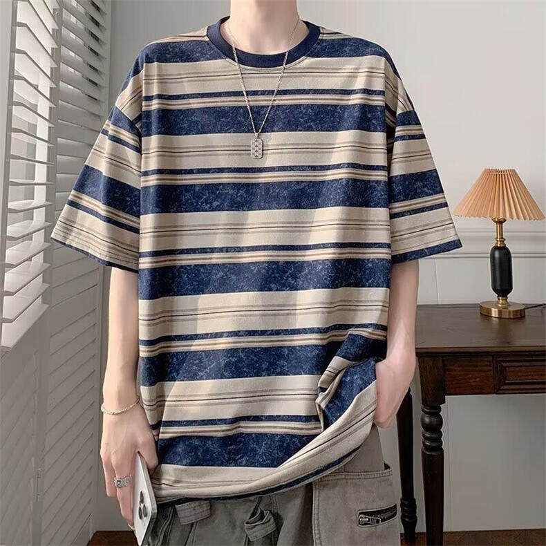 C538P35美式高街潮牌条纹撞色纯棉短袖T恤女夏季宽松百搭，男装T恤，星座512-6