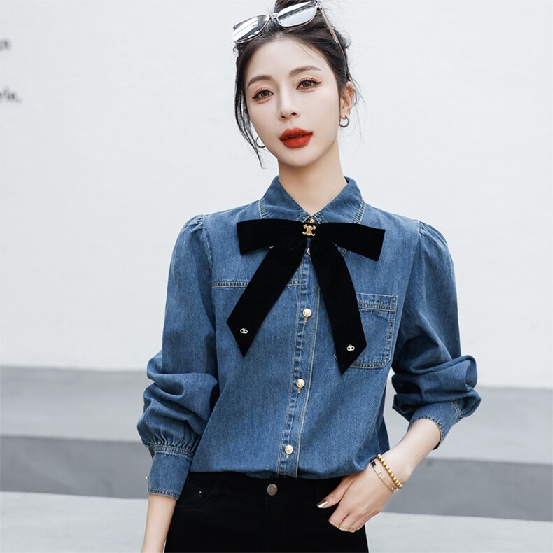 春季直筒型泡泡袖POLO领长袖百搭黑色蝴蝶结牛仔衬衫女,女装衬衫,微微衣阁