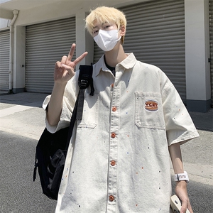 夏男短袖牛仔衬衫水洗字母刺绣喷漆衬衣CS983 P55图片