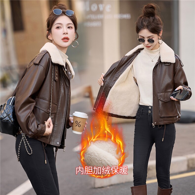 爆款加绒短款皮衣女2025秋冬季新款小个子显瘦大毛领棉服外套潮,女装皮衣,梦依缘