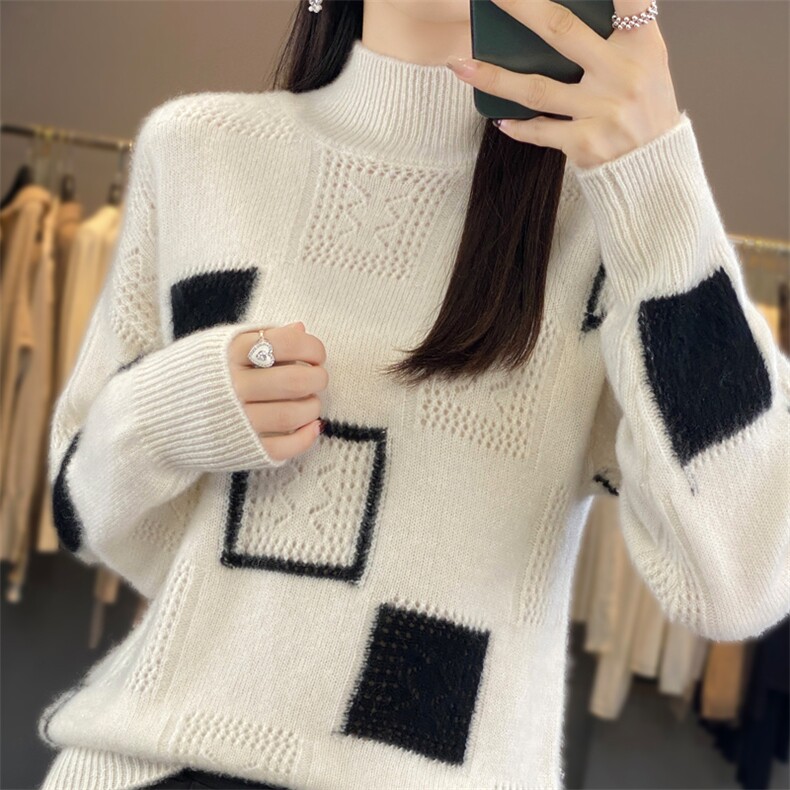 2024秋冬季新款半高领拼色几何图形宽松外穿女短款羊毛衫,女装羊毛衫,迅太羊绒