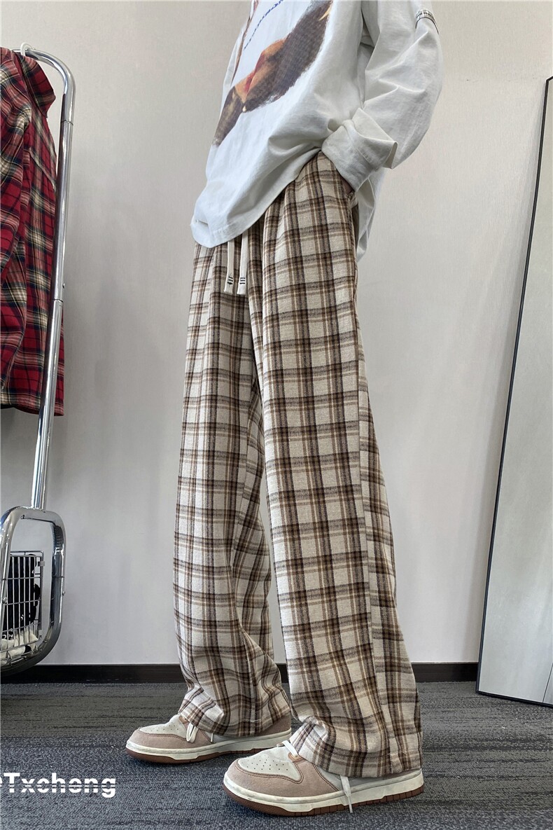 2024春季潮流新款日系复古格子宽松休闲裤B315-K24014-P50控68,男装休闲裤,电商B315