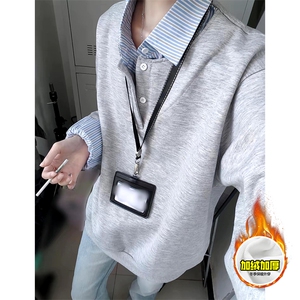 重磅加绒硬挺boxy男女美式高街假两件衬衫领长袖卫衣POLO领打底衫图片