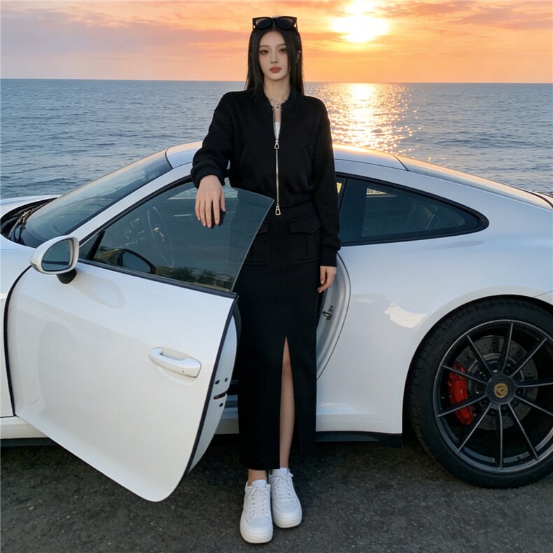港风时尚休闲套装裙女春季新款玫红色开衫卫衣开叉半身裙两件套潮,女装套装/套裙,江南