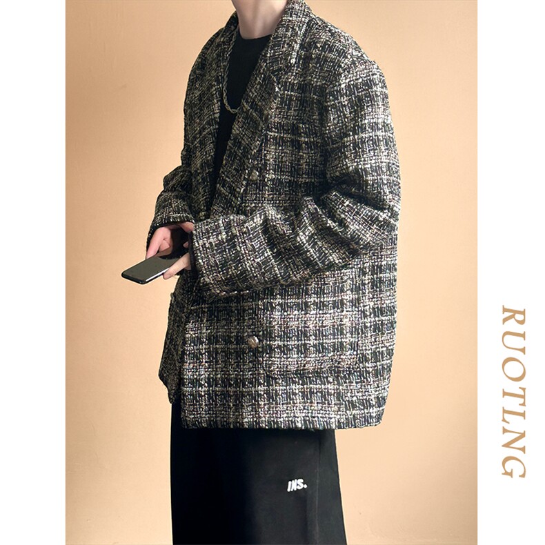 秋冬小香风西装外套男潮格纹呢子西服A351-AX2506-P125,男装西服套装,电商A351