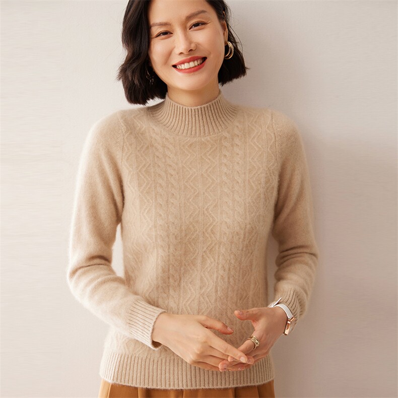 2025秋冬新款35%山羊绒女士7针双股花型半高领羊绒衫图片