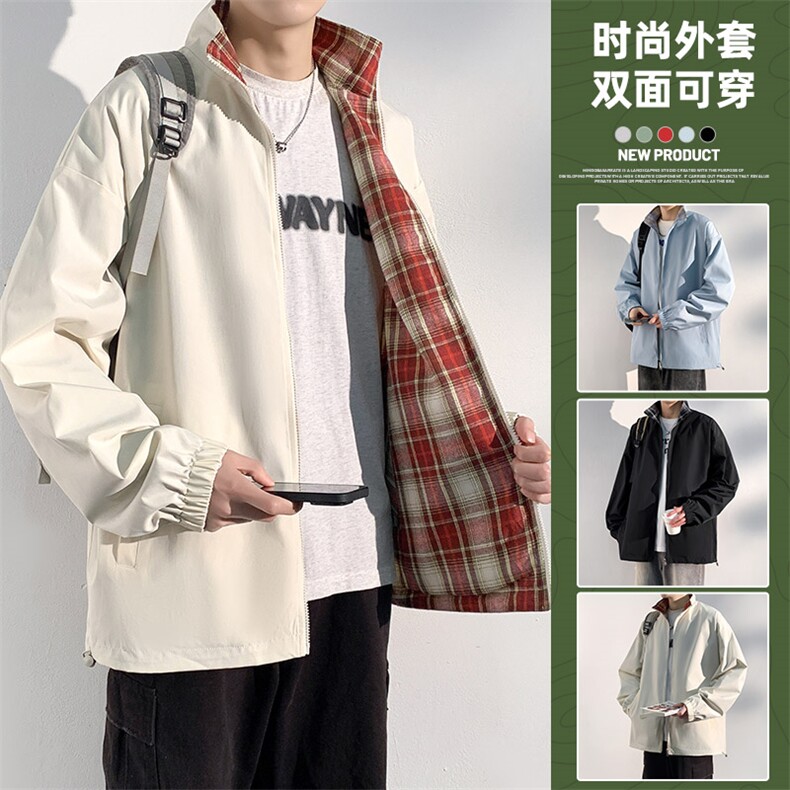 秋季新款双面穿格子夹克外套男士立领痞帅防风冲锋衣学生棒球服图片