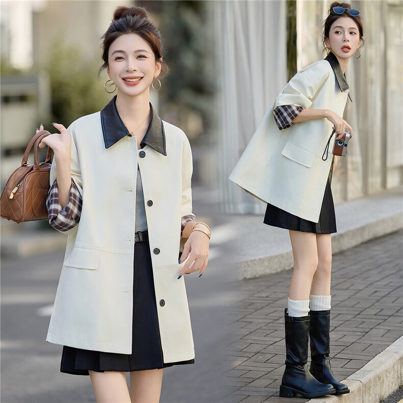 2025秋装新款时尚PU皮翻领中长外套，女装短外套，曼琳思菲