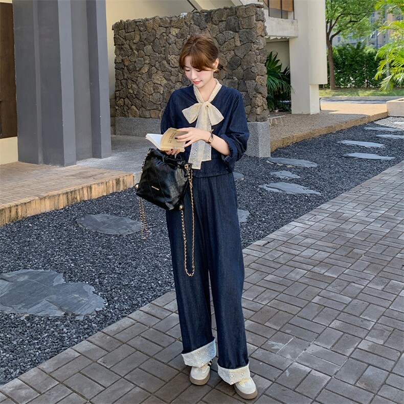 复古牛仔套装女春季新款小香风一整套穿搭韩系流行阔腿裤两件套图片