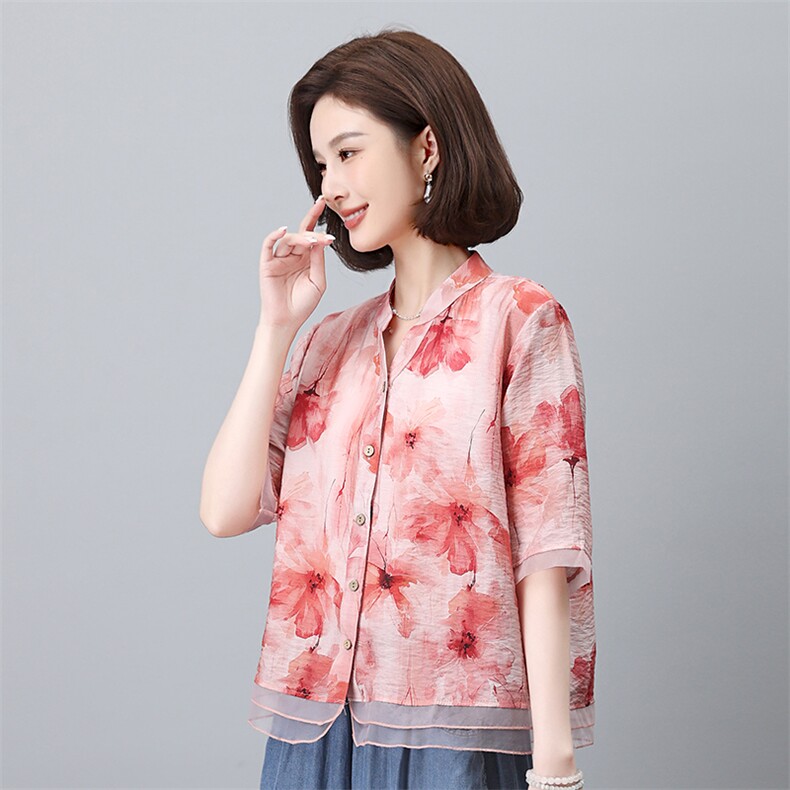 叶笙衣夏季新款女装宽松显瘦印花短袖衬衫上衣时尚百搭休闲衬衣,女装衬衫,叶笙衣