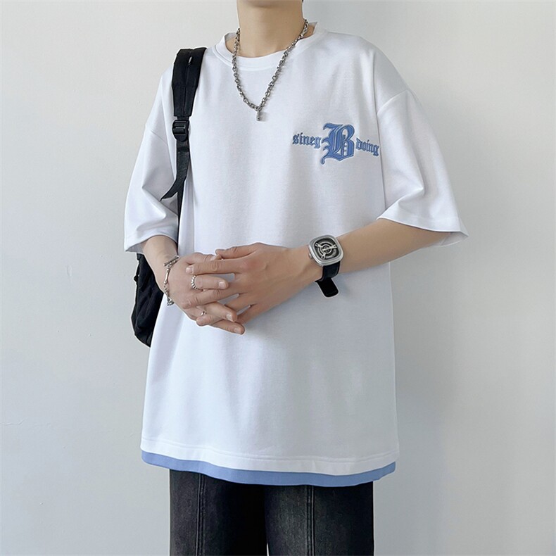 冰氧仿棉短袖港风白墙夏季休闲百搭刺绣纯色男上衣TC3149-P22控48,男装T恤,星座717