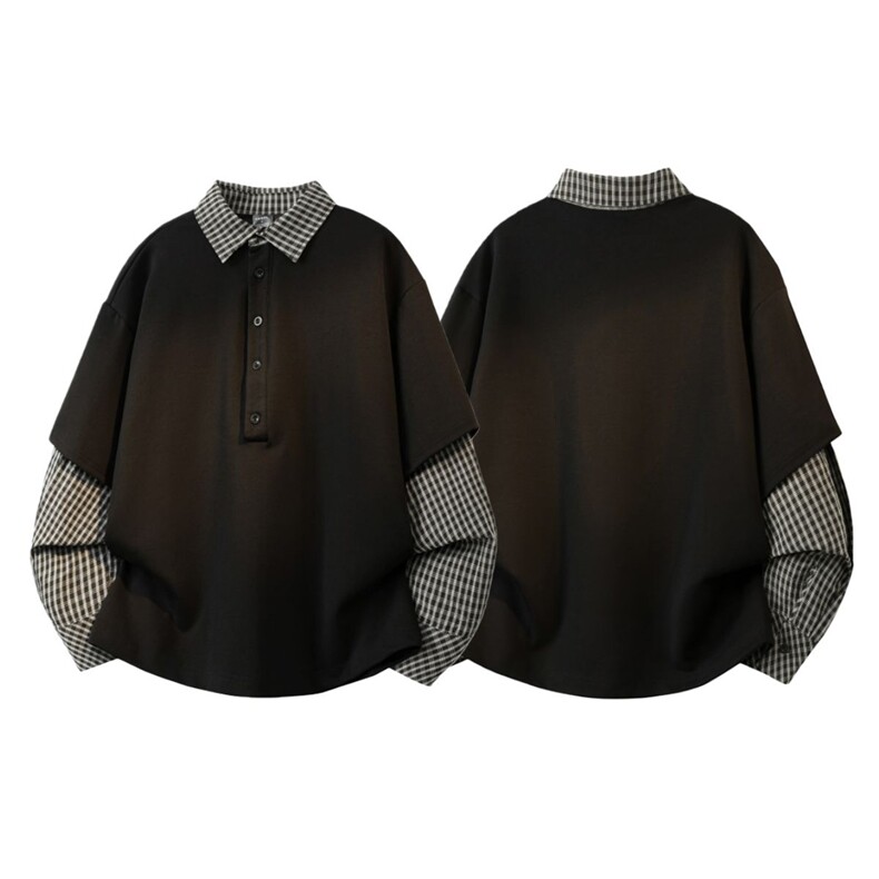 【高质量】美式复古假两件卫衣翻领格纹拼接设计POLO衫7725-P65，男装Polo衫，电商B245