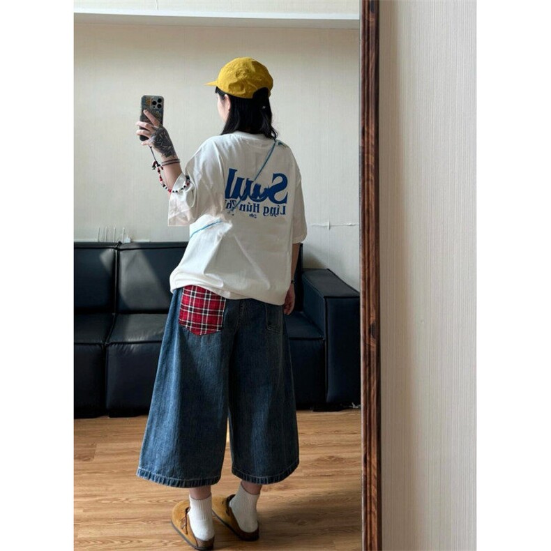 阔腿7分牛仔裤夏季复古水洗做旧直筒七分牛仔中裤男女短裤K6605图片