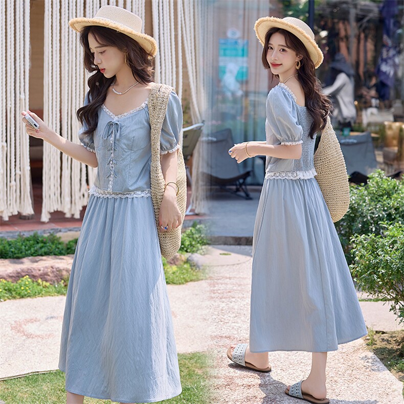 2025年夏季新款蕾丝花边拼接套裙度假风甜美裙子两件套,女装套装/套裙,慕依路