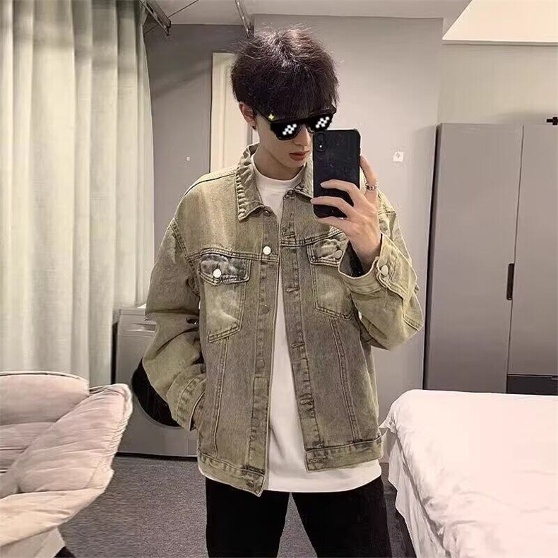 春季黄泥色牛仔外套男做旧水洗美式街头情侣款式夹克上衣潮牌宽松图片