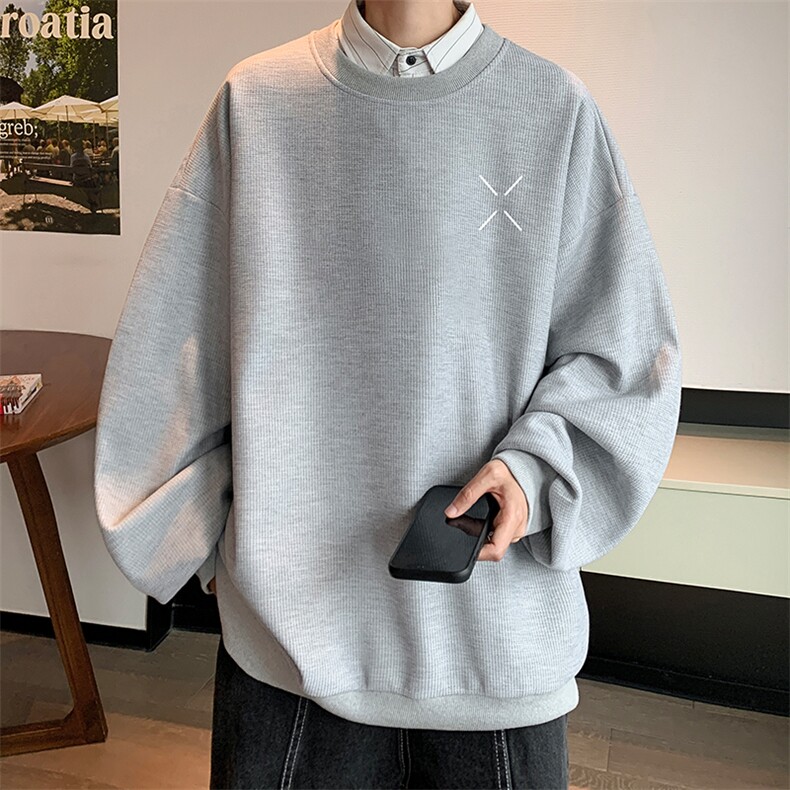 华夫格卫衣圆领卫衣男大码长袖t恤男外套HW76305-P30加绒款-P40,男装卫衣,电商A040