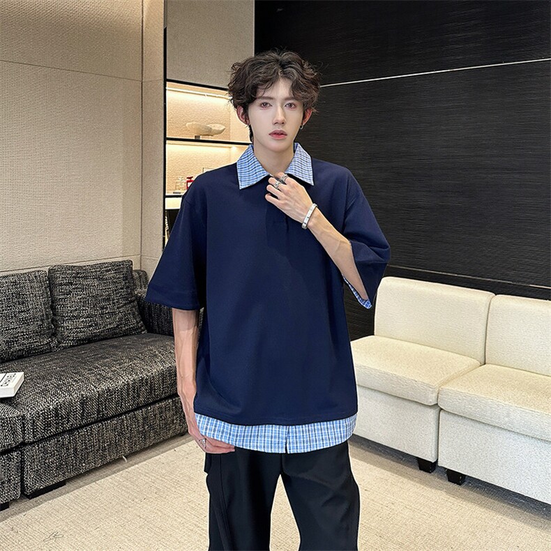 假两件短袖男款夏季潮牌衬衫拼接t恤美式学院风polo衫T555-P40，男装Polo衫，星座308B-1