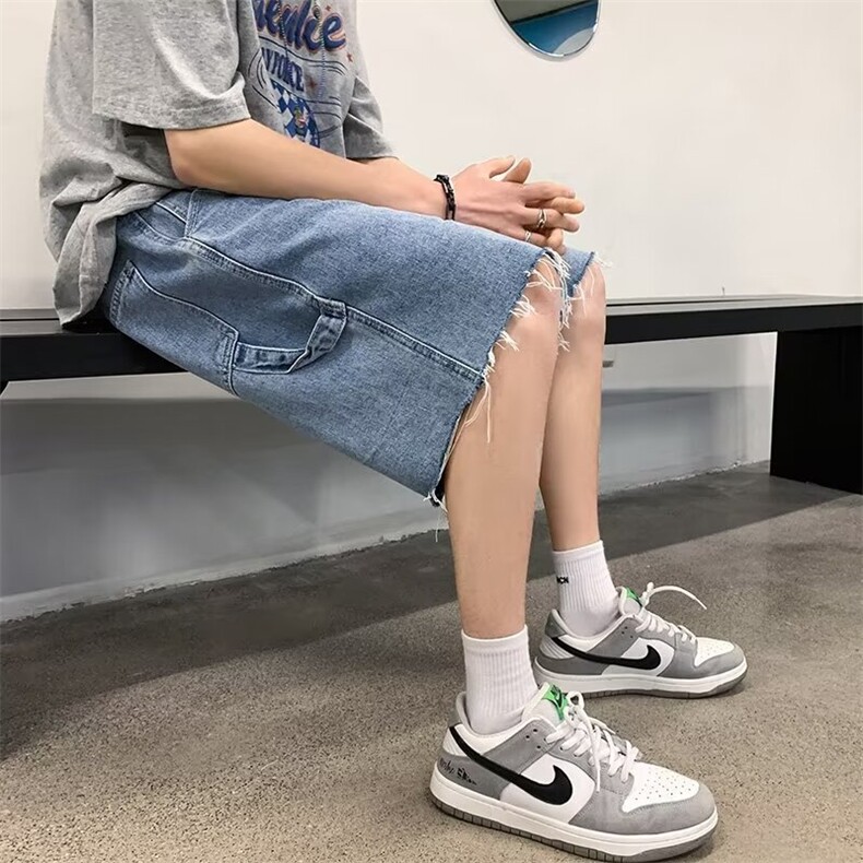 夏季薄款毛边牛仔短裤男潮牌ins港风宽松百搭5分潮流休闲五分裤子,男装牛仔裤,星座410-7