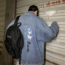 2021秋季新大码男港风情侣夜景反光炫彩蝴蝶印花牛仔外套NJ126P70，男装夹克，电商A001
