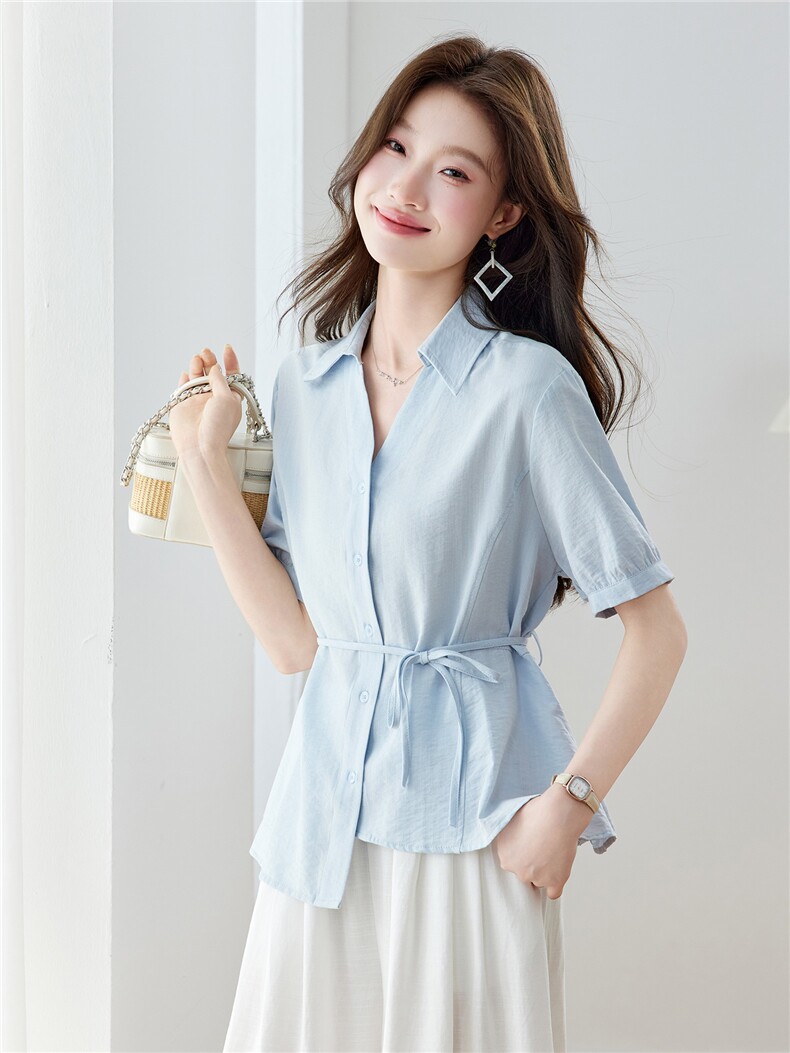 现货2026年夏季设计感通勤风时尚简约优雅绑带收腰不规则下摆女士,女装衬衫,木子恋