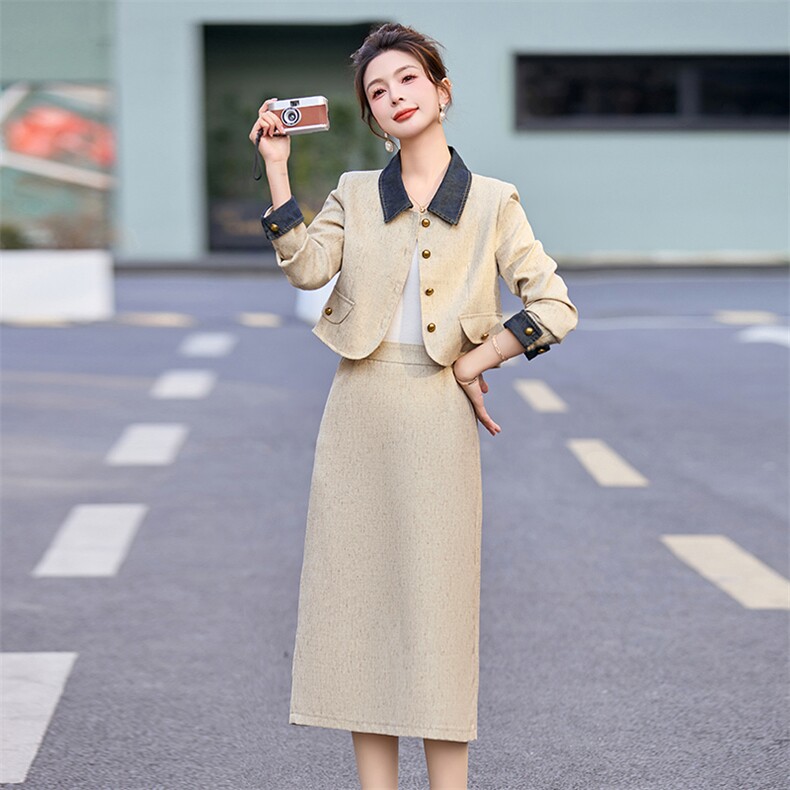 2025春季小香风气质显瘦撞色翻领外套半身裙套裙时尚套装两件套,女装套装/套裙,采品优优