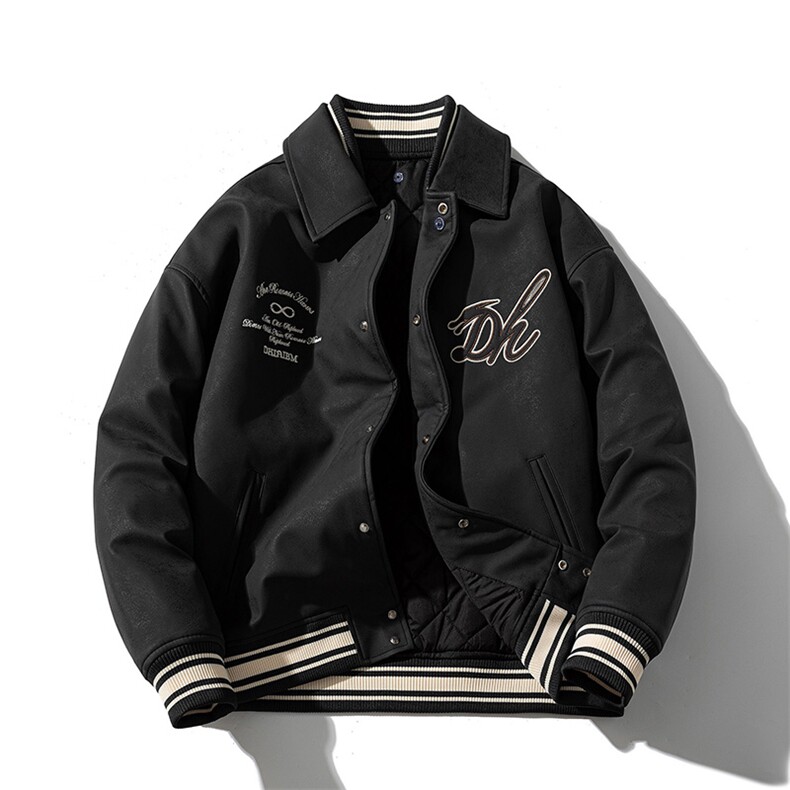 现货三色字母PU皮棒球服外套秋冬棉服带帽可拆卸,男装棉衣,电商A105