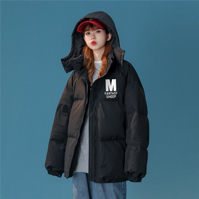 中性风22冬季潮流设计感M印花加厚连帽面包服棉衣MY204P115控158,男装棉衣,A247A