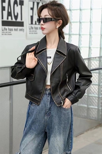 复古机车款皮衣女外套2024秋装新款小个子短款西装领休闲夹克上衣图片