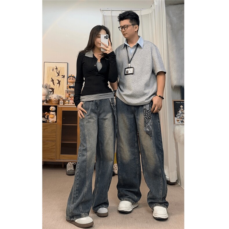 网图K998-特P43情侣美式高街牛仔裤男女弯刀裤阔腿长裤,男装牛仔裤,电商B369（原A024）