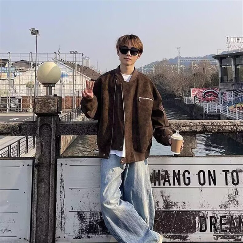 LW94-P73复古水洗做旧PU皮夹克男款秋冬cleanfit高级感垫肩立领,男装T恤,电商B323A
