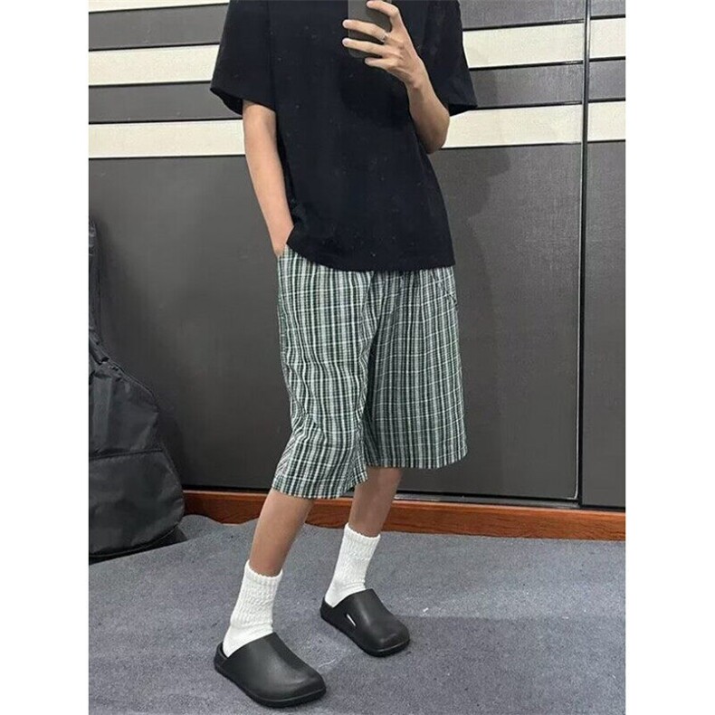 复古蓝绿格纹宽松廓形七分裤男女夏季慵懒风直筒休闲裤DK24,男装牛仔裤,星座1116A（原606A-3）