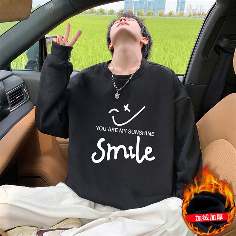 W387P35加绒45笑脸卫衣秋冬新款打底衫宽松套头圆领无帽上衣服t,男装T恤,星座304A-1