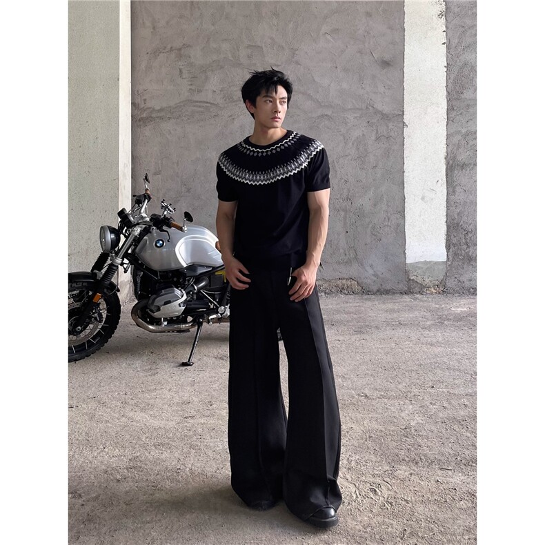 T209-P42费尔岛绞花针织短袖男夏季慵懒松弛感正肩t恤潮流,男装T恤,电商B323A