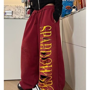 ins美式破洞字母印花抽绳阔腿裤男女宽松休闲百搭直筒长裤新款图片