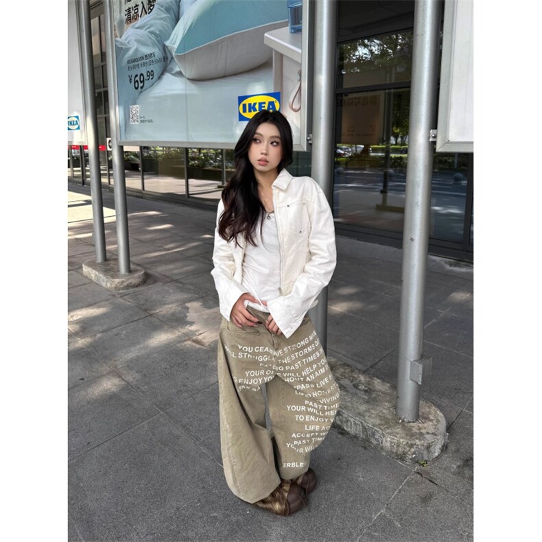 牛仔裤美式水洗字母印花阔腿工装裤男女慵懒宽松拖地裤NZX37,男装牛仔裤,星座516A