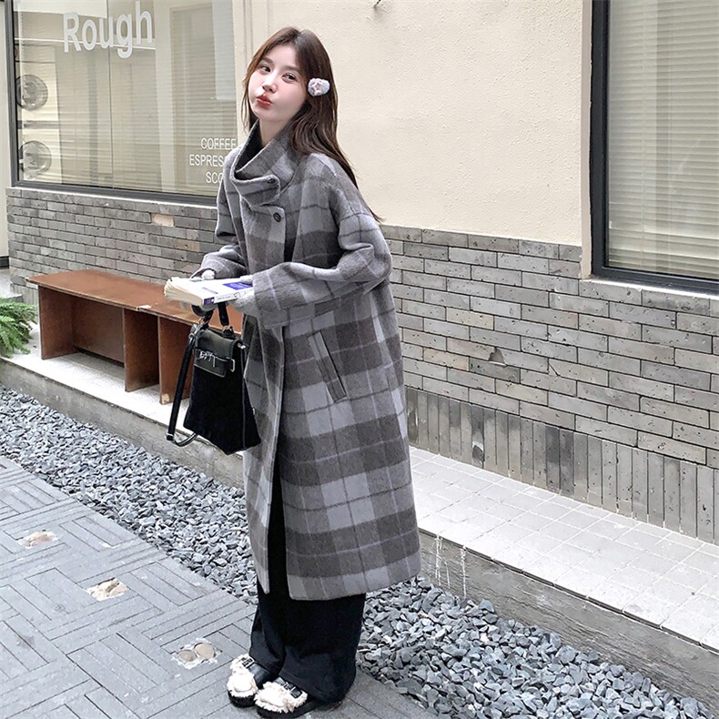 灰色格纹双面呢大衣女中长款2024冬季韩系设计感气质时尚毛呢外套,女装双面呢大衣,千千佰惠